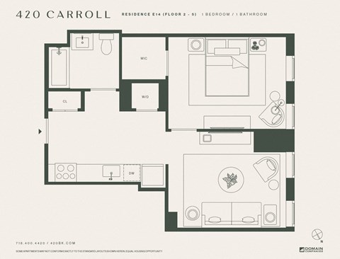 Floor plan for 1 bed, 1 bath, 610 sqft